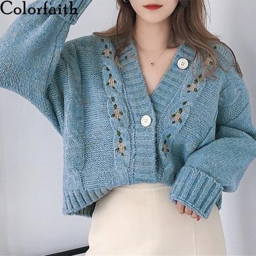 Colorfaith New 2020 Autumn Winter Womens Knitwear V-Neck Knitted Button Short Cardigans Vintage Embroidery Lady Tops SWC1134JX