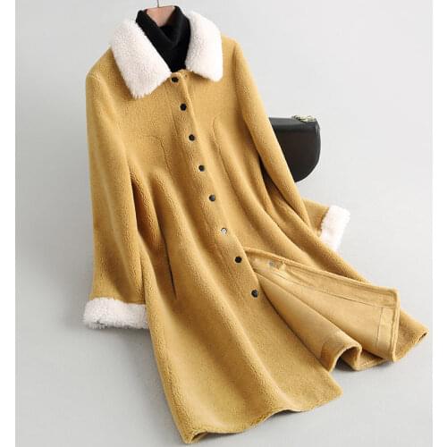 Women Genuine Shearling Wool Fur Coat/Jacket Winter Real Composite Lamb Fur Coat with Faux Suede Leather Liner A111