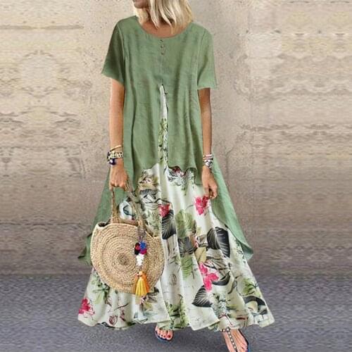 Plus Size Cotton Linen Dress Women Fake Two Pieces Short Sleeve Summer Dress Green Yellow Floral Print Patchwork Long Dress