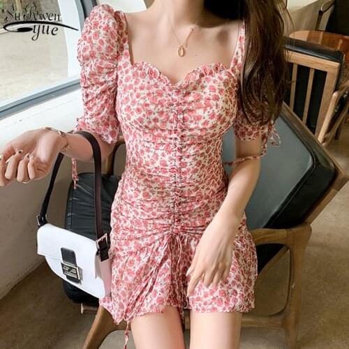 French Style Square Collar Floral Dress Women Pleated Bubble Sleeve Short Sleeve High Waist Dress Mini Dress Beach Dress 14108