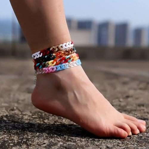 2Pcs/LotFashion Bright Acrylic Anklets for Women Men Colorful Beach Barefoot Trendy Bracelet on the Leg Chain Boho Foot Jewelry