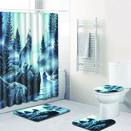 Animal Wolf Pattern 4pcs/set Shower Curtain Pedestal Rug Lid Toilet Cover Mat Bath Mat Set Bathroom Curtains with 12 Hooks