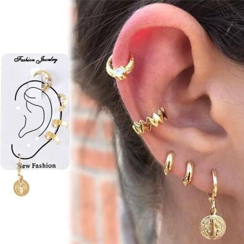 5Pcs/Set Jesus Dangle Earrings Retro Vintage Elegant Diamond Hoop Earring Ear Cuffs Clips Wedding Party Fashion Jewelry Gifts