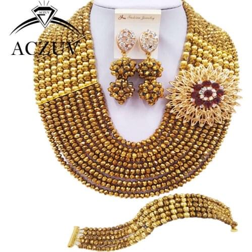 ACZUV 10 Rows Golden Color Nigerian Wedding African Beads Jewelry Set Crystal Party Jewelry Sets 10LBJZ022
