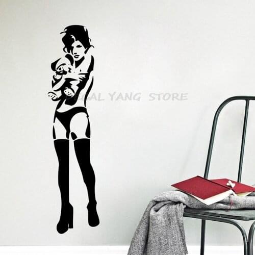 Free Shipping Street Art Banksy Decor - Banksy Sexy Girl With Teddy Bear Wall Sticker ,1396