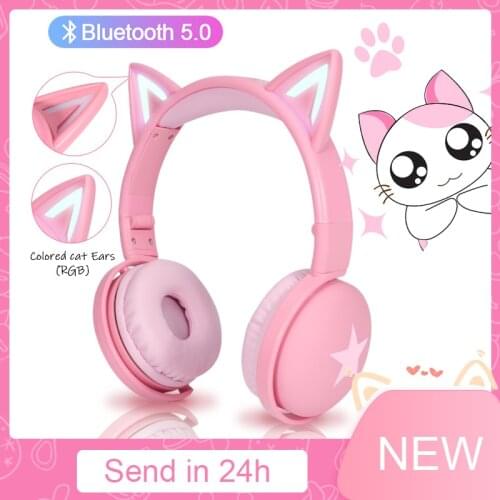 New Wireless Headphones Glowing Cute 10 Color LED Cat Ear Girls Gift Kids Headset Wireless HIFI Stereo Bass 3.5mm Plug With Mic