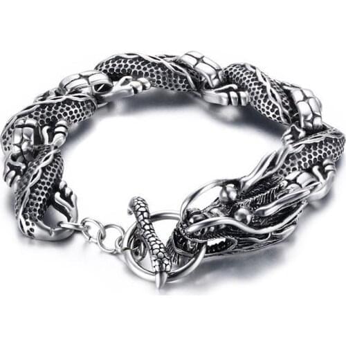 Rock Dragon Bracelet for Men Casual Vintage Silver Color Chain Bracelet Fashion Jewelry