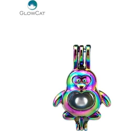 C599 5pcs/lot Rainbow Color 27mm Cartoon Animal Penguin Pearl Beads Cage Locket Pendant Pearl Locket Fairytale Party