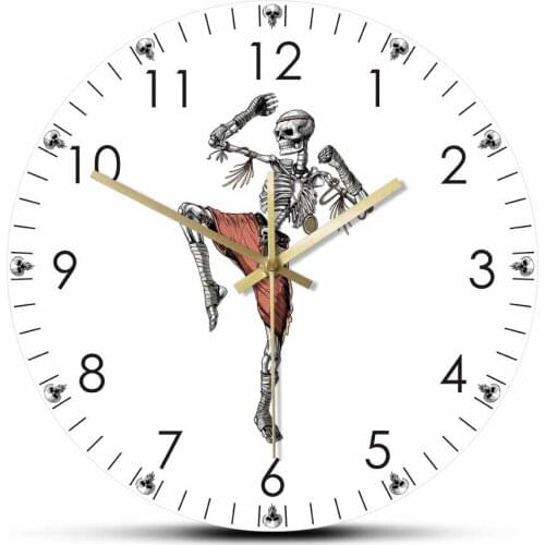 Skeleton Muay Thai Fighter Design Wall Clock Kickboxing Ninja Silent Clock Wall Watch Skull Thai Boxing Martial Arts Room Decor