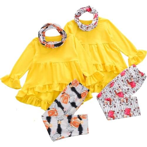 3Pcs Kids Halloween Tracksuit, Solid Color Long Sleeves Frilly Blouse + Pumpkin Print Pants + Scarf for Girls, 1-6 Years