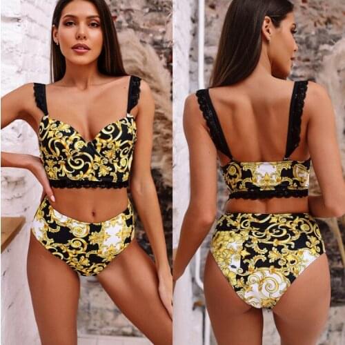 Echoine Summer New Two-piece Temperament Swimwear Totem Print Split Swimsuit Beach Bathing Party Sexy Lace Strap Vest Bikini Set