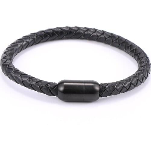Minimalism Punk Rock Genuine Leather Wrap Bracelet For Men Black Leather Stainless Steel Magnetic Buckle Wristband Male Jewelry