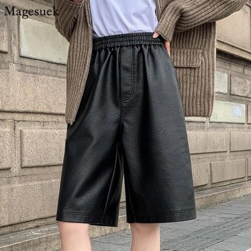New Arrivals Black PU Leather Shorts Women Autumn Winter Loose Wide Leg Short Pants Women Casual High Waist Shorts Mujer 12238