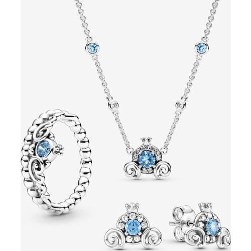 NEW 925 Silver Cinderella Blue Tiara Necklace Ring Earrings Jewelry Set Luxury Fashion Crystal Wedding Party Jewelry For Women