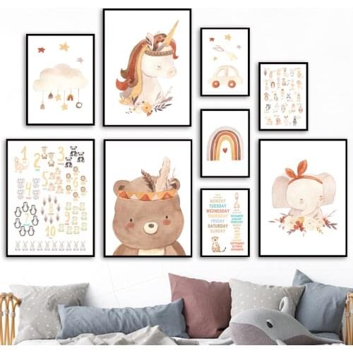 Education Alphabet Numbers Bear Elephant Nursery Wall Art Print Canvas Painting Nordic Poster Wall Pictures Baby Kids Room Decor