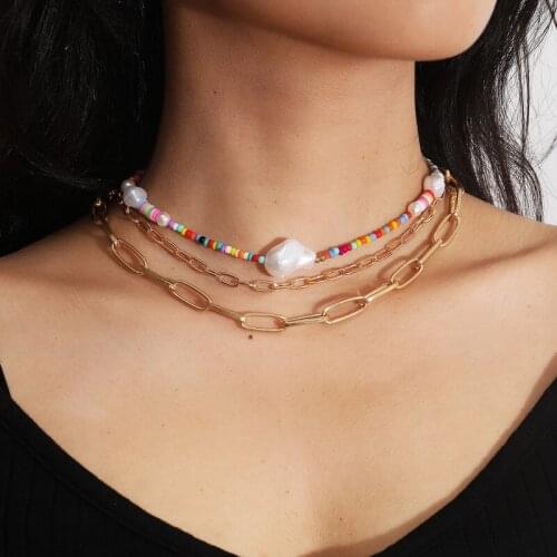 Ethnic Colorful Beads Baroque Pearls Thick Chains Necklace Women Vintage Multilayer Geometric Choker Necklaces Punk Jewelry