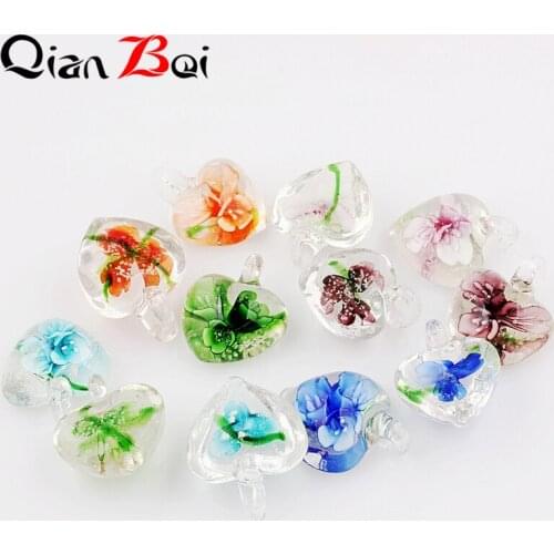 QianBei Wholesale 12pcs/Lots Transparent Glass Heart Print Flower Pendant For Bracelet Necklace Jewelry Making Earring Finding