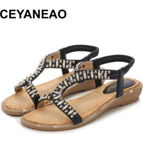 CEYANEAONew Women Roma Rhinestone Sandals Female Summer Fashion Solid Buckle Flip Flops Sandals Ladies Beach Casual Shoes Sandal