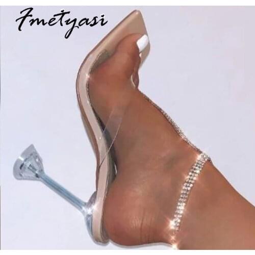 Heels Sandals Crystal 2021 Big Size Summer Thin Heels Wear-resistant Square Toe Roman Transparent Heels Rubber Hollow Slip-on