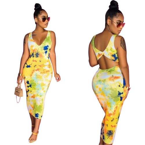 Sexy Fashion Ladies Sleeveless Printed Tie-Dye Halter Dress