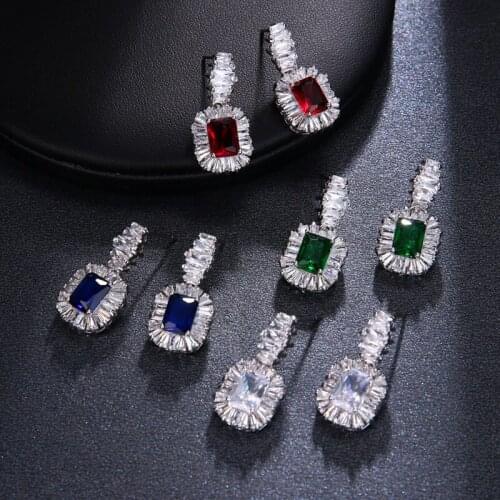 KSRA Luxury Square Color Rhinestone Earrings For Women Zirconia Crystal Cluster Droplets Statement Wedding Bridal Jewelry