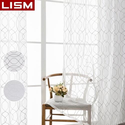 LISM Embroidered Sheer Curtains Tulle Geometric Voile Curtains for Living Room Bedroom Kitchen Window Treatment Drape Home Decor