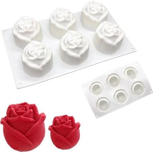 Silicone French Mousse Cake Molds 3D Bakeware DIY Mould, 6 Holes Roses in Bud