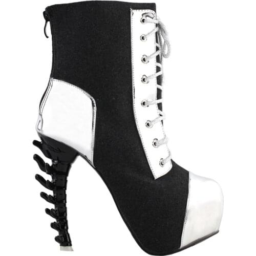 Cool Dark Grey Silver Two Tone Lace-Up High-top Bone Heels Platform Ankle Boots