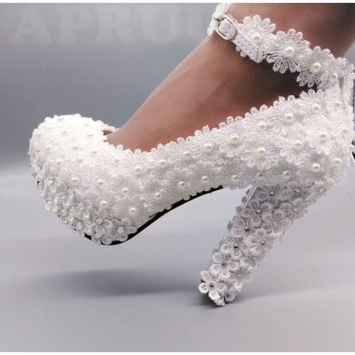 11cm super high block heels ivory lace pearls wedding shoes bride ankle strap handmade chunky heeled brides wedding pumps shoe