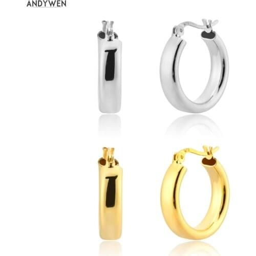 ANDYWEN 925 Sterling Silver Gold European 10mm Huggies Hollow Clips Big Hoops Loops Circle Luxury Rock Punk Fine Jewelry Gift