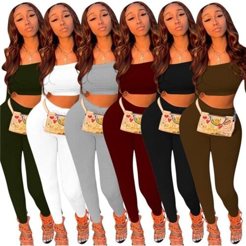 Autumn Winter Knit Rib Clothes 2 Piece Set Women Sexy Off Shoulder Long Sleeve Crop Top + Long Pants Casual Solid Two Piece Sets