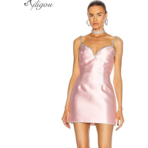 Ailigou High Quality Glitter Diamond Dress Ladies V Neck Spaghetti Strap Mini Sexy Party Dress Club Summer Satin Vestido 2021