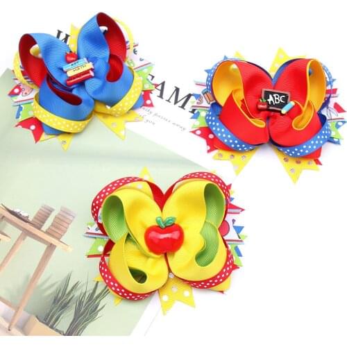 20 pcs/lot , 5 inch Ribbon Hair Bows For Girls Handmade Pencil Print Dot Layered Ribbons Hair Clips Students Hair Accessories