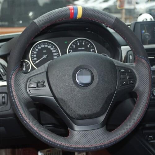 Shining wheat Hand-stitched Black Perforated Genuine Leather Black Suede Car Steering Wheel Cover for BMW F30 316i 320i 328i