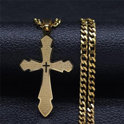 Stainless Steel Long Catholic Bible Cross Chain Necklaces Women/Men Gold Color Long Necklace Jewelry croix chretienne N2237S05