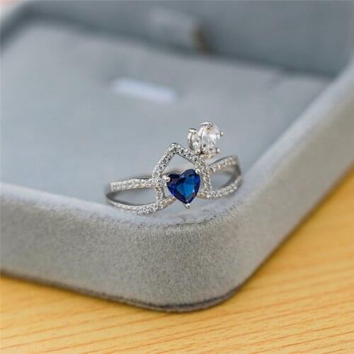 Elegant Female Blue Zircon Stone Ring Vintage 925 Sterling Silver Wedding Ring Cute Heart Hollow Wedding Rings For Women