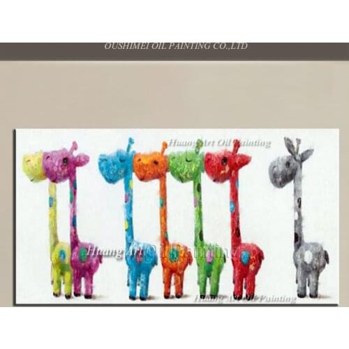 Handmade Lovely 7 Giraffe Oil Painting Children Room Decor Wall Painting On Canvas Modern Colorful Rainbow Cartoon Animals