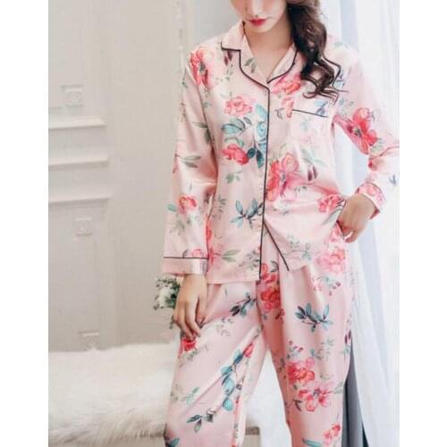2Pcs Women Pajamas Set Floral Print Imitation Silk Homewear Long Sleeve Shirts Long Pants Women Sleepwear pijama mujer invierno