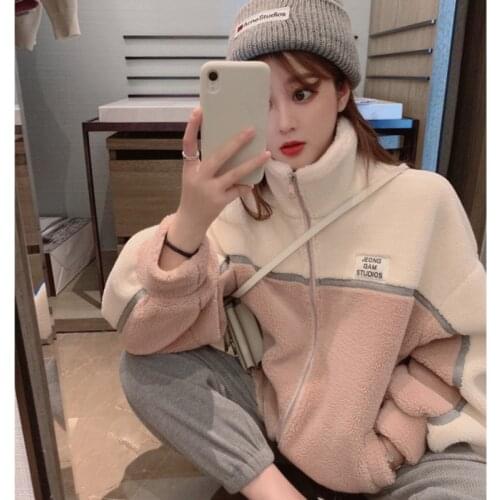 Korean Loose Casual Lamb Wool Coat Womens 2021 Autumn Winter Thickened Cashmere Cotton Coat Long Sleeve Pink Overcoat Women