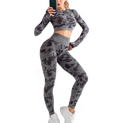 2Pcs Yoga Suit Long Sleeve Crop Top Blend Fabric Seamless High Waist Workout Outfits for Women