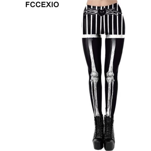 FCCEXIO Stripe Skeleton Bat 3D Print Leggings Fashion Women Leggings Halloween Party Leggins Cosplay Legging Woman Fitness Pants