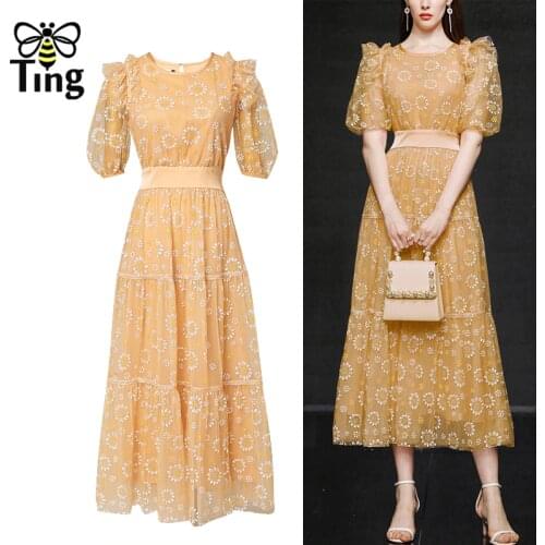 Tingfly Runway Vogue Flower Print High Waist Elegant Summer Party Dresses Midi Long A Line Fairy Sheer Dress Elbise Robes Chic
