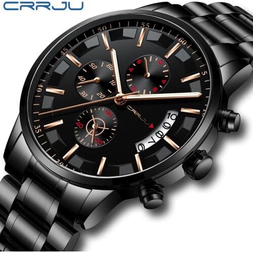 Mens Watches CRRJU Top Brand Waterproof Sports Watch chronograph Mens Casual Stainless Steel Quartz Clock Relogio Masculino
