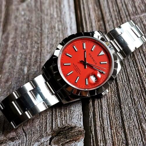 Parnis 39.5mm Mens Watch MIYOTA8215 Automatic Movement Date Red Dial Sapphire Glass Oyster Bracelet Curved Bezel Luminous