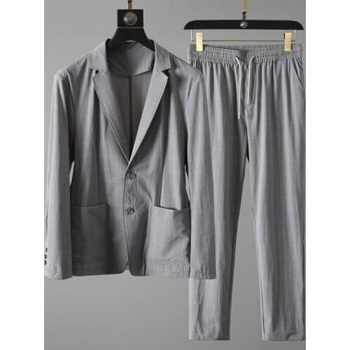 Grey suit mens 2021 new spring ice silk casual suit long sleeve spring thin two piece suit