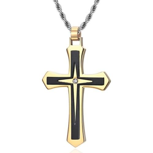 Stainless Steel Gold Christ Jesus Cross Pendant Necklace Zircon Stone Jewelry Gift For Him with Rope Chain
