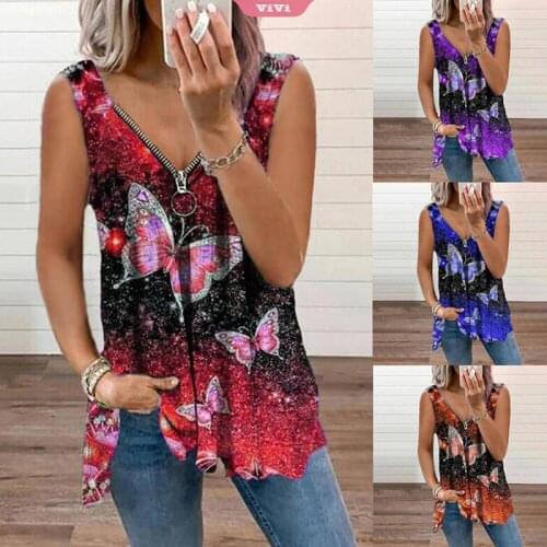 Casual Printed Womens T-shirt V-neck Zipper Pullover Butterfly Sleeveless Vest Top Lady