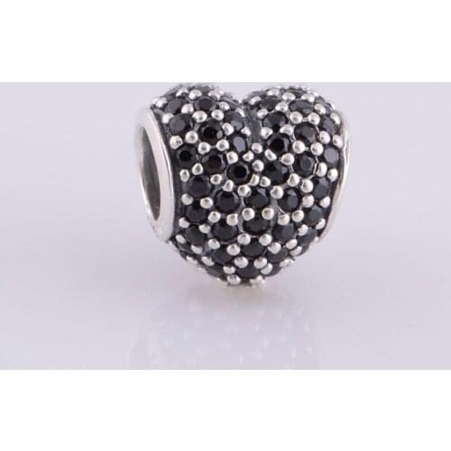 925 Sterling Silver Black Rhinestone Crystal Love Heart Charm Bead Jewelry , Compatible With Brand Bracelet DIY LW251B