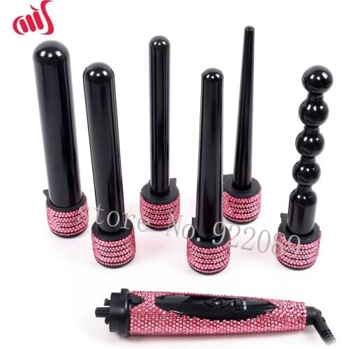 Crystal 6 IN 1 Hair Curling Iron Diamond Hair Curler Wand Set Ceramic 6 IN 1 Interchangeable Barrels with Heat Resistant Glove