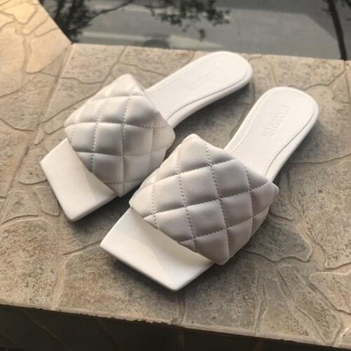 Elegant Square Fashion Shoes For Women Slippers Weave Fabric Ladies Summer Beach Outdoor Slides Flip Flops Open Toe Flat Slipper